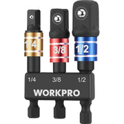 WORKPRO 3-in-1 socket adapter set with 1/4, 3/8, 1/2 drives in gold, red, and blue