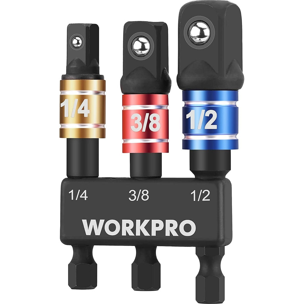 WORKPRO 3-in-1 socket adapter set with 1/4, 3/8, 1/2 drives in gold, red, and blue
