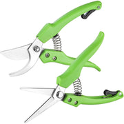 Green bypass pruning shears with two curved blades and coil springs, set of two