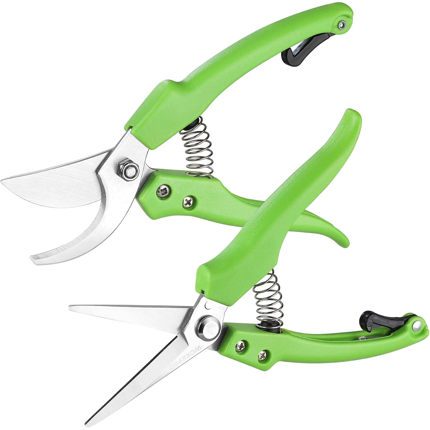 Green bypass pruning shears with two curved blades and coil springs, set of two