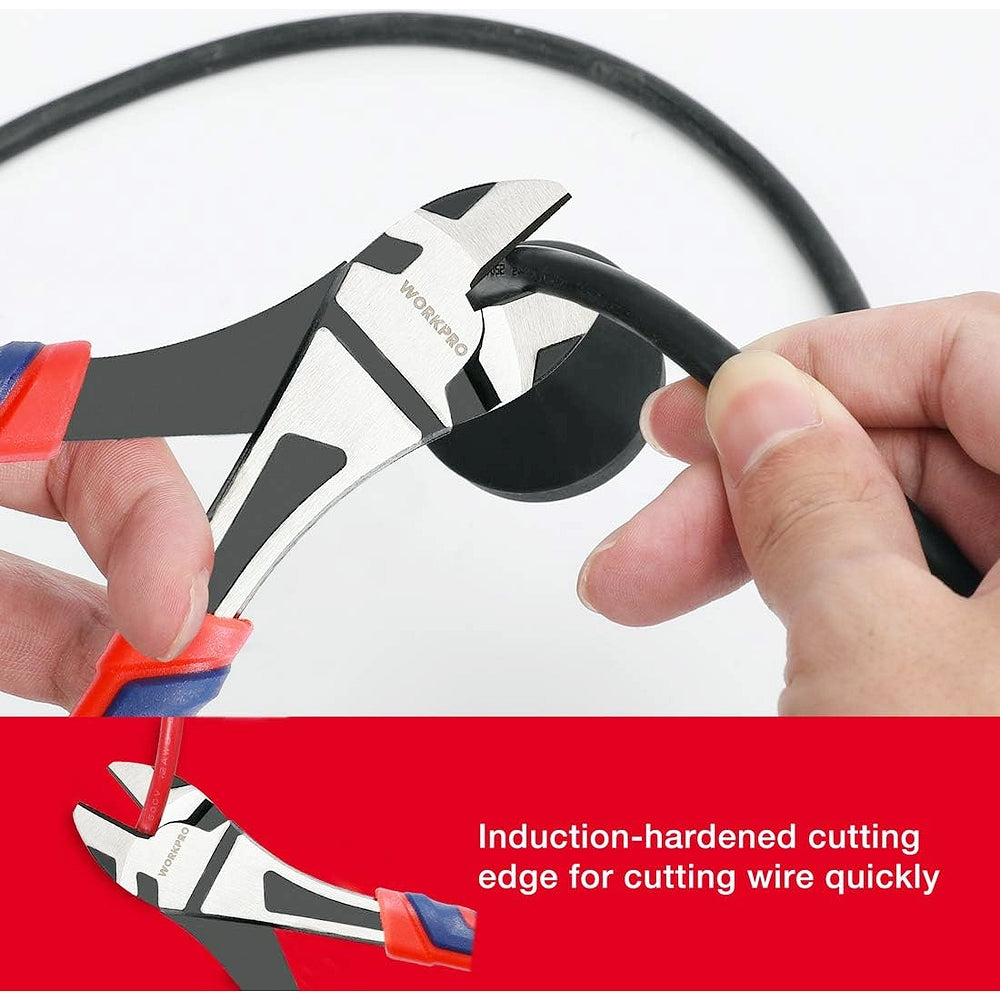Diagonal pliers with red and blue bi-material grips and black cutting nose