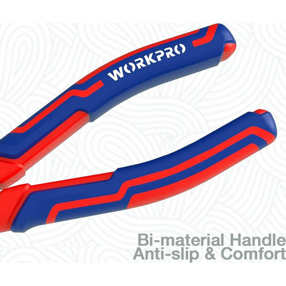 WORKPRO diagonal pliers bi-material handle with blue grip over red accents