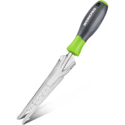Stainless steel hand weeder with green-and-gray handle and pointed serrated blade