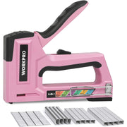 WORKPRO 6-in-1 manual brad nailer stapler, pink tool with handle and staple tray