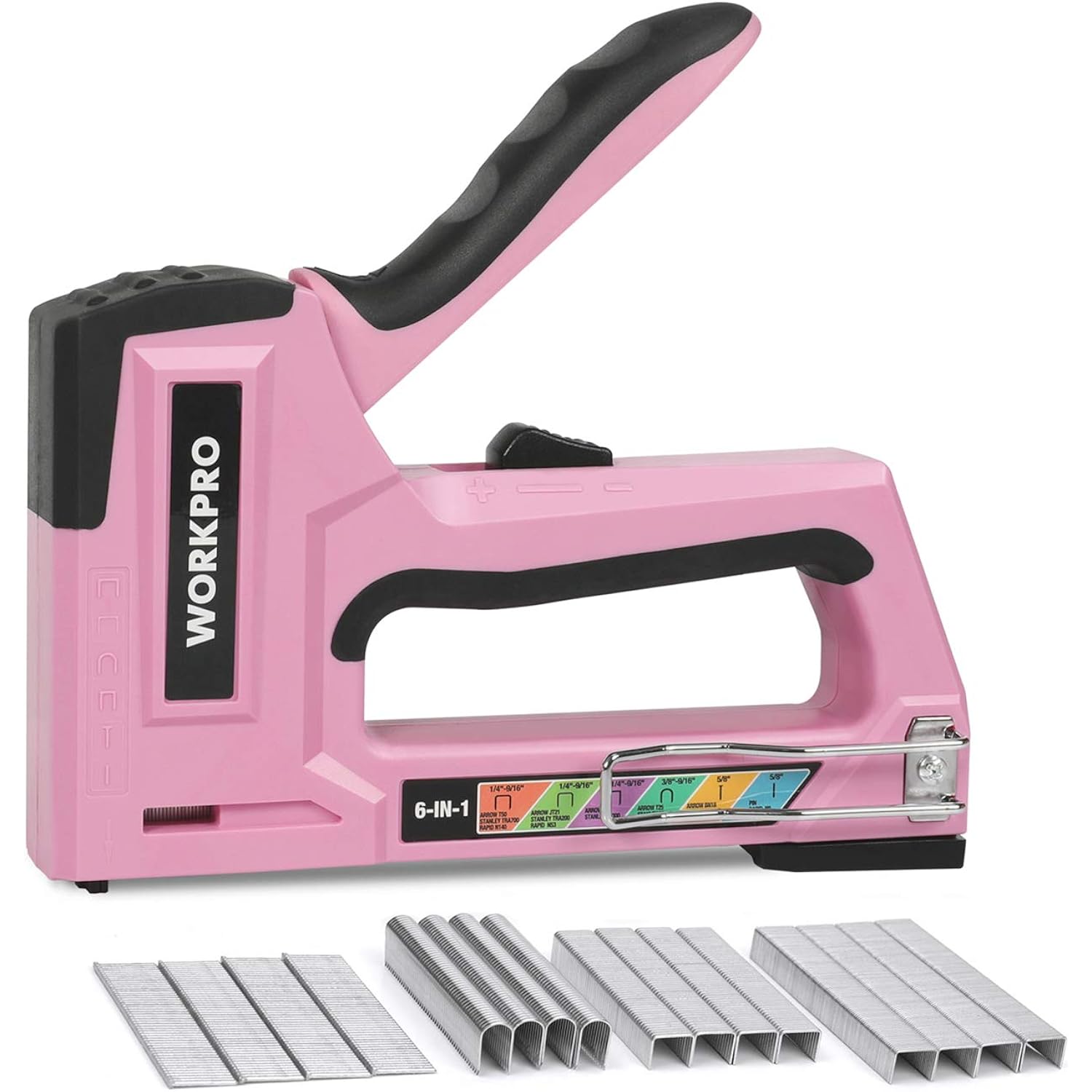 WORKPRO 6-in-1 manual brad nailer stapler, pink tool with handle and staple tray