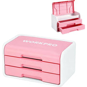 WORKPRO pink and white desktop drawer organizer with flip-top lid and two drawers