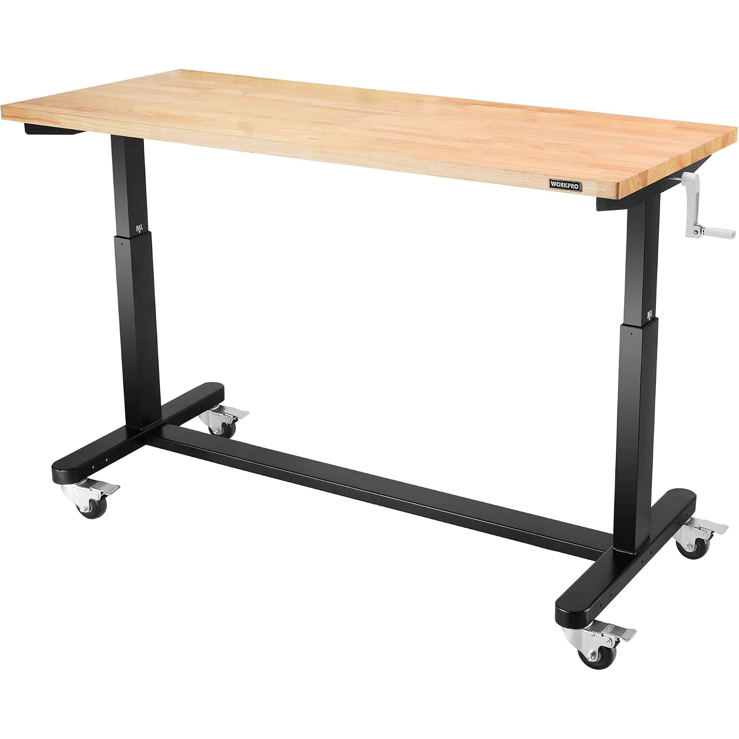 Height-adjustable work table with light wood top, black steel frame, and caster wheels.