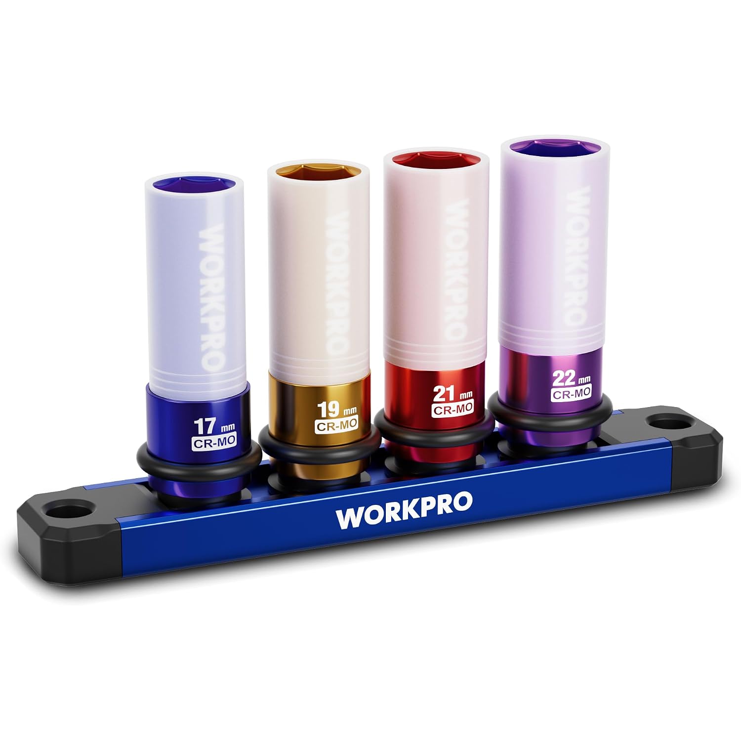4-piece lug nut impact socket set with blue rail: 17, 19, 21, and 22mm sockets
