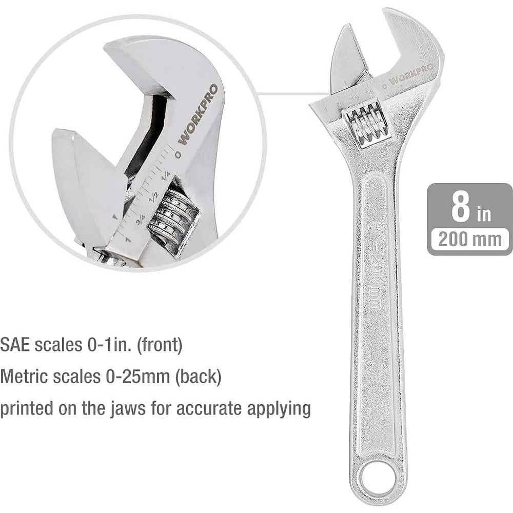 8 in adjustable wrench with printed jaw scales on silver finish