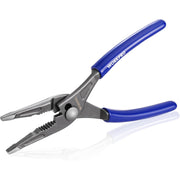 Long nose slip joint pliers with blue handles and pointed serrated jaws