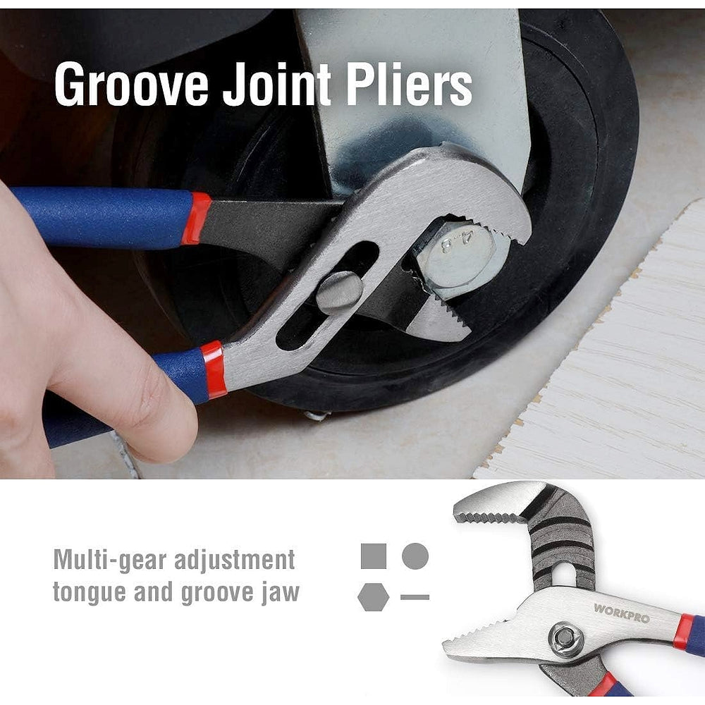 Groove joint pliers with blue and red insulated handles