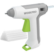 Cordless hot glue gun with green base and trigger, plus mini clear glue sticks