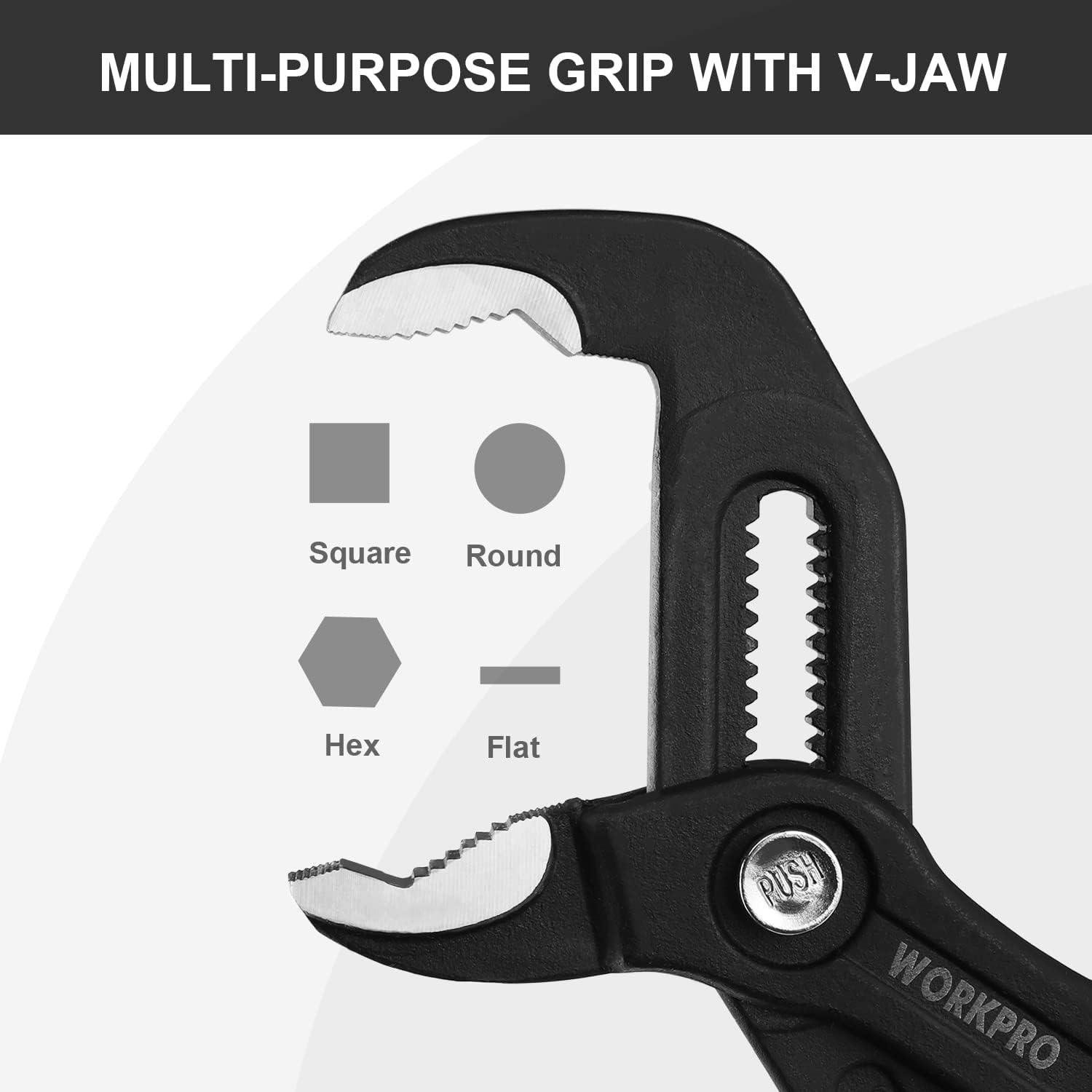 WORKPRO V-jaw groove joint pliers with multi-size opening inserts (hex, flat, round)