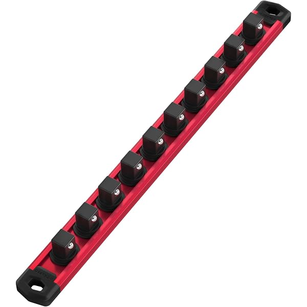 Red magnetic socket rail with black 1/2-inch drive holder clips