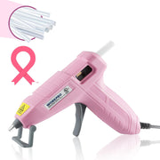 Pink mini hot glue gun with glue-stick bundle and protective nozzle, compact design