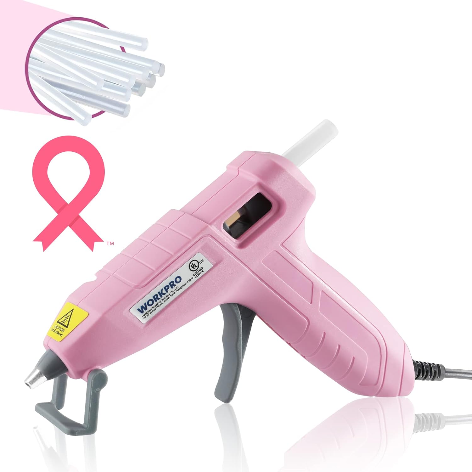 Pink mini hot glue gun with glue-stick bundle and protective nozzle, compact design
