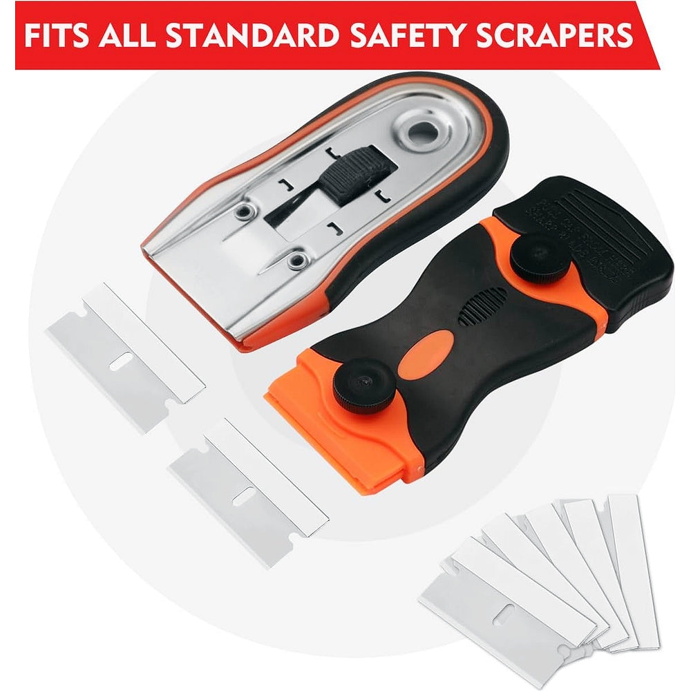 Safety scraper tools with single edge razor blade refills, multiple blades shown