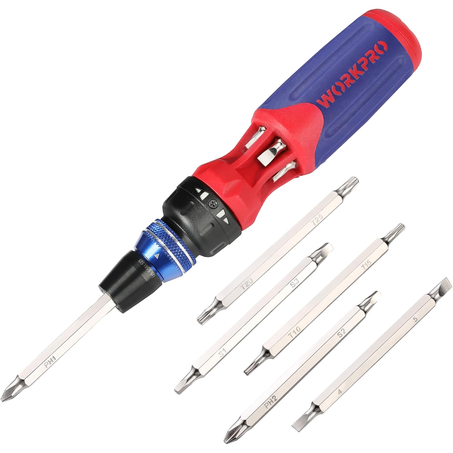 WORKPRO ratcheting screwdriver with red/blue handle, black grip, and included bits