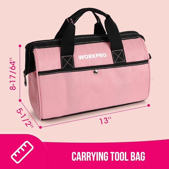Pink tool carrying bag with black handles and WORKPRO logo patch