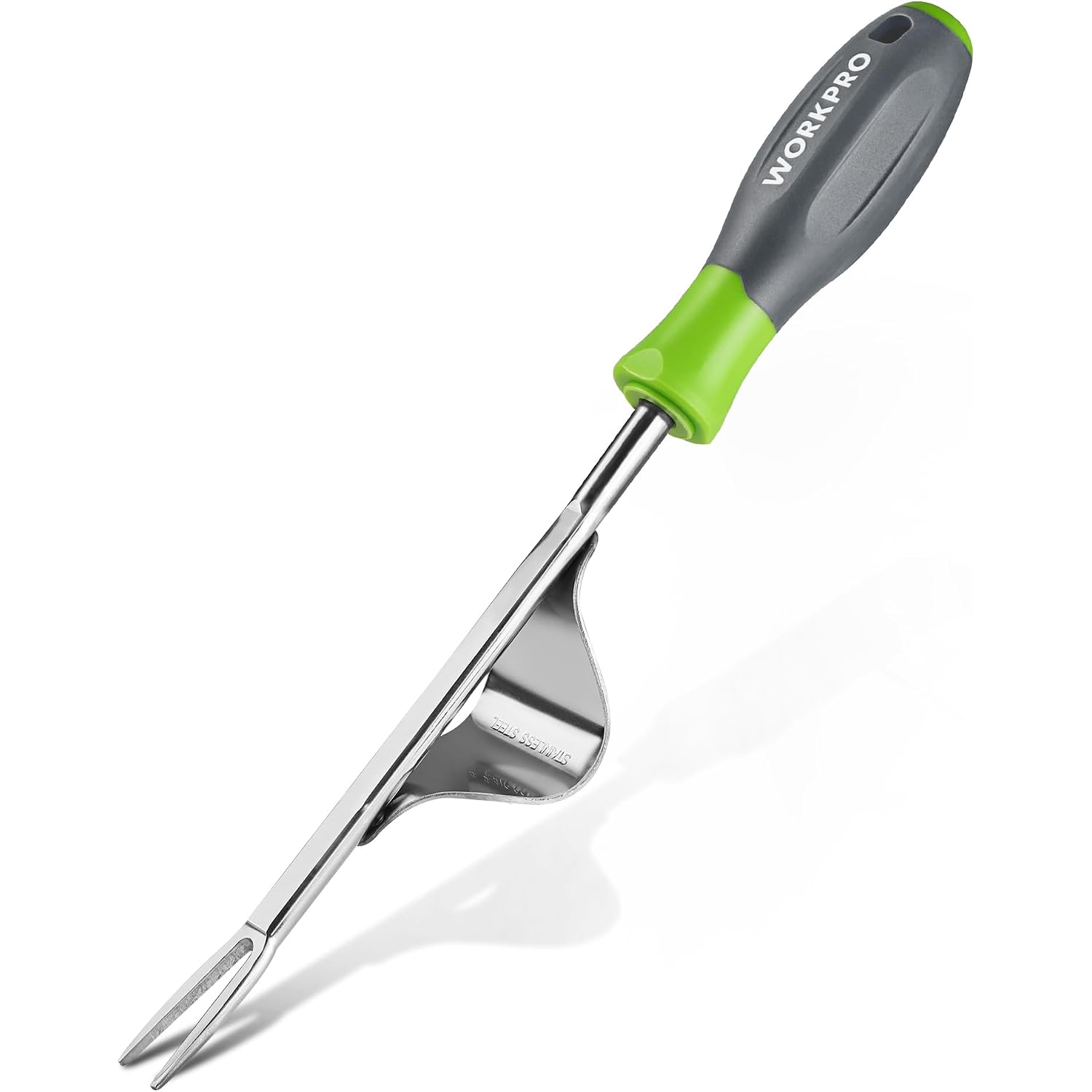 WORKPRO manual hand weeder with green-and-gray soft grip and V-shaped metal fork