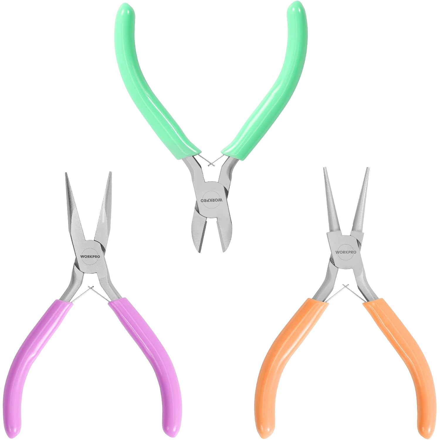 Set of three mini jewelry pliers: green, purple, and orange for wire work