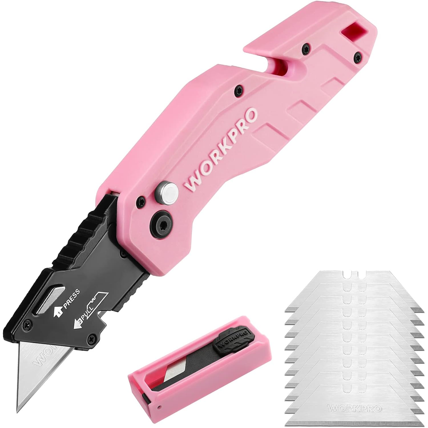 Pink folding utility knife with black handle and included spare blade cartridge
