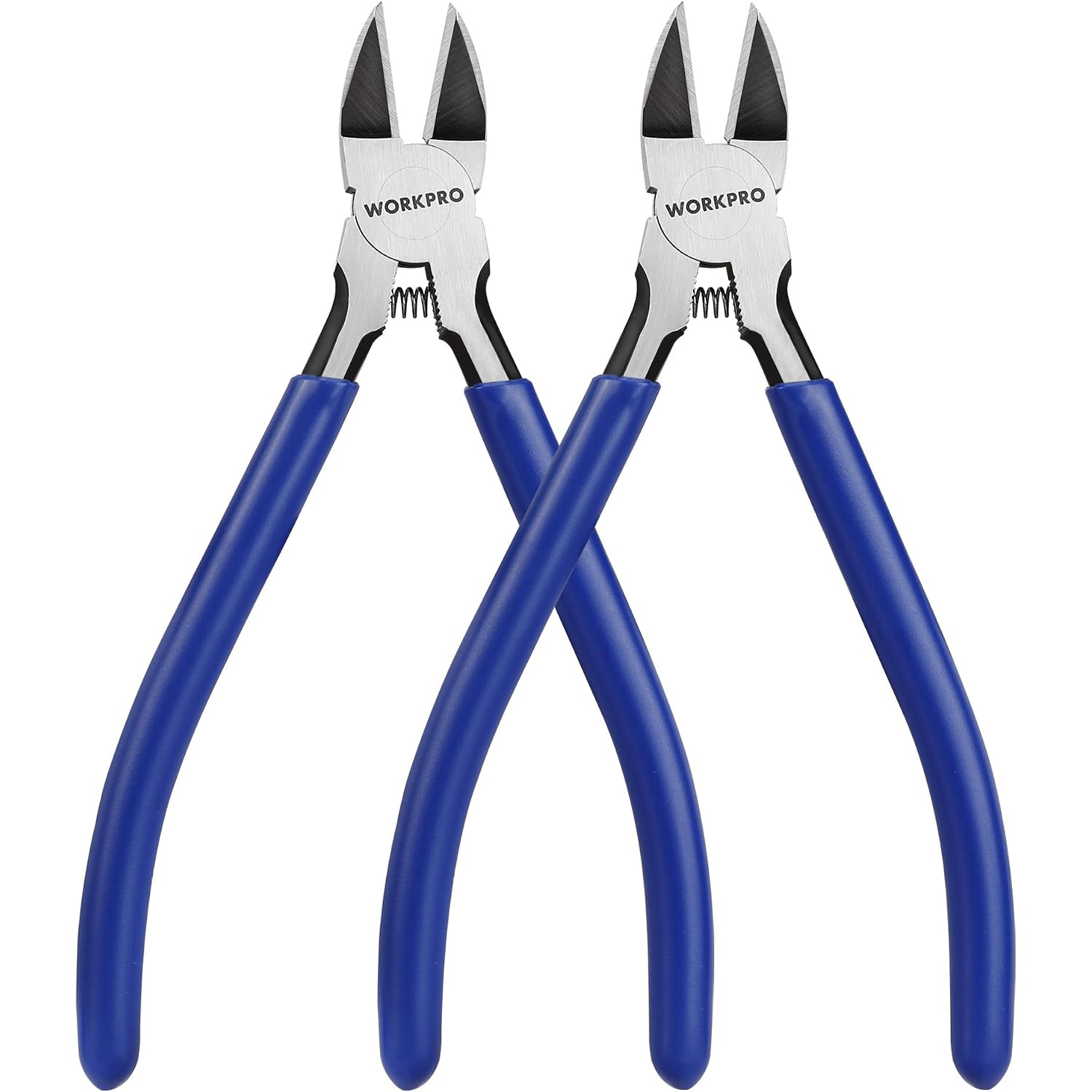 WORKPRO 2-pack flush cut side cutting pliers, blue handles and black cutting jaws
