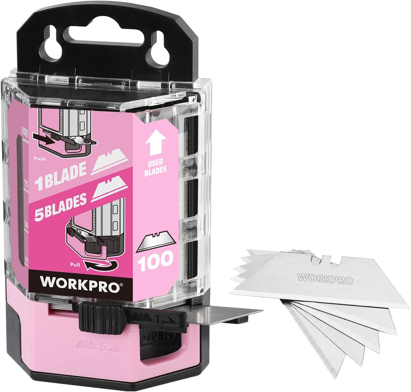 Pink utility knife blade dispenser with clear cover and multiple replacement blades