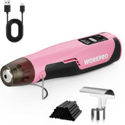 Pink cordless mini heat gun kit with USB-C cable, stand, and heat-shrink tubes