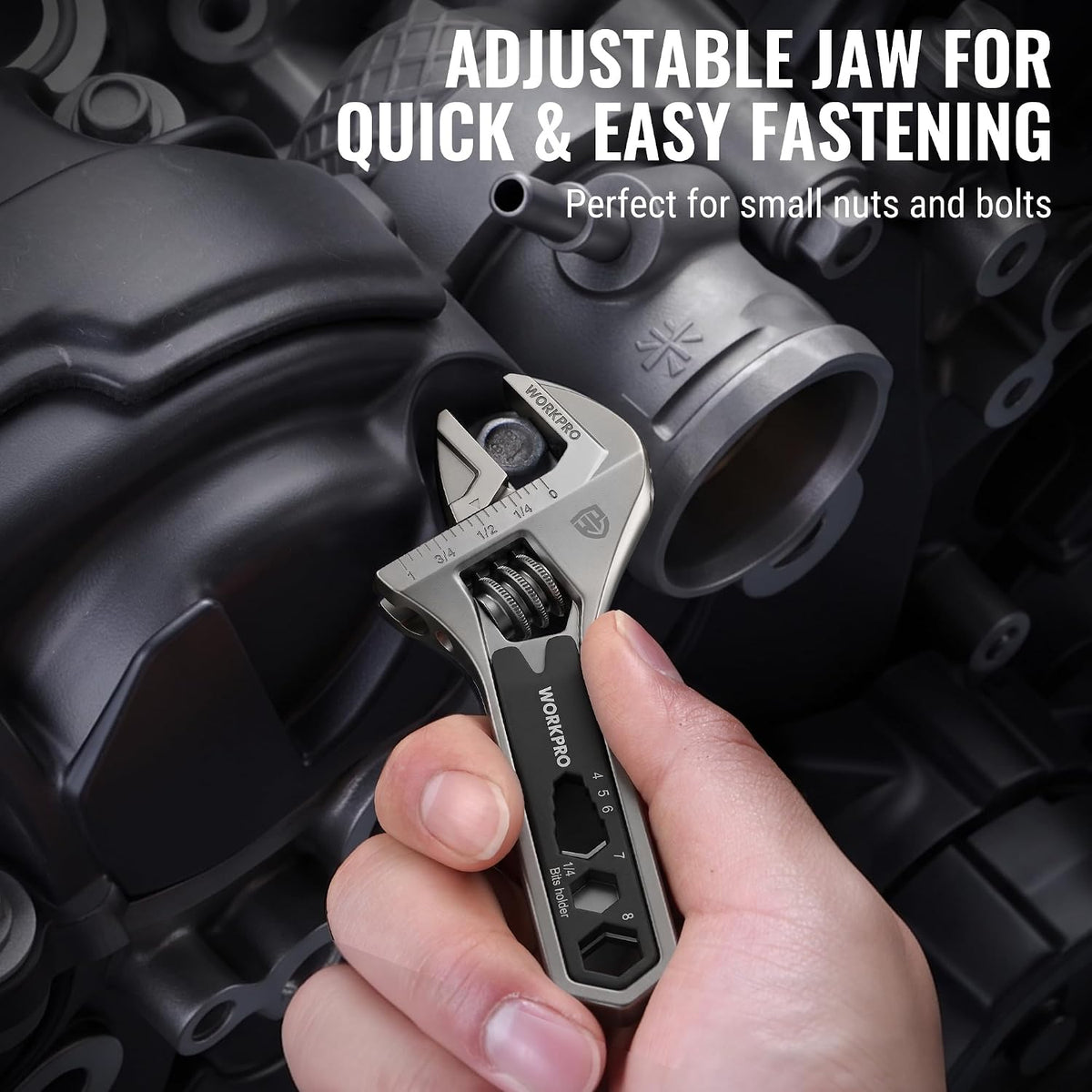 WORKPRO 4" Adjustable Wrench Wide Jaw Opening, 9-in-1 Mini Wrench Multitool