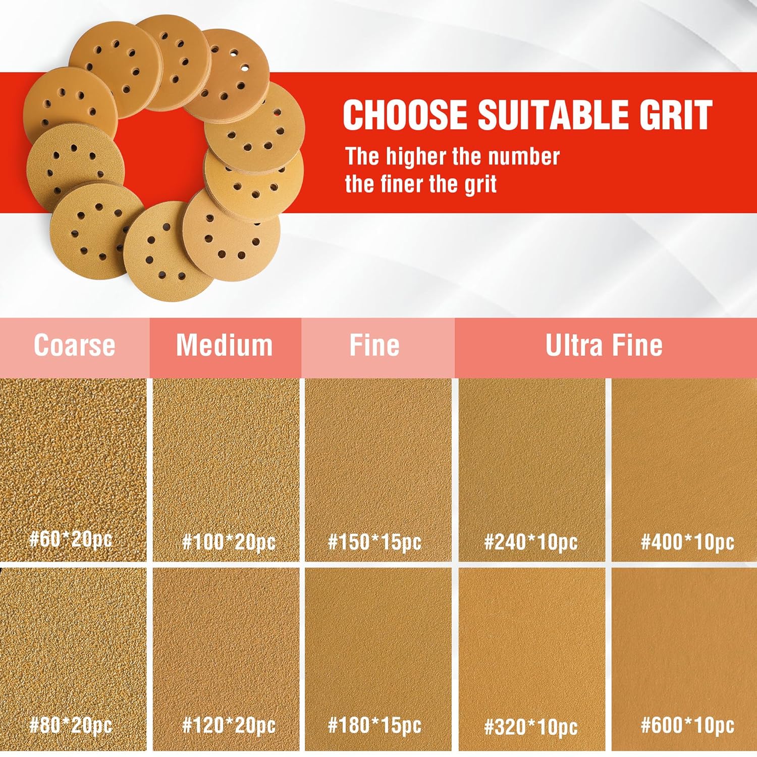 Assorted gold hook-and-loop sanding discs with perforations, sized for random orbital use