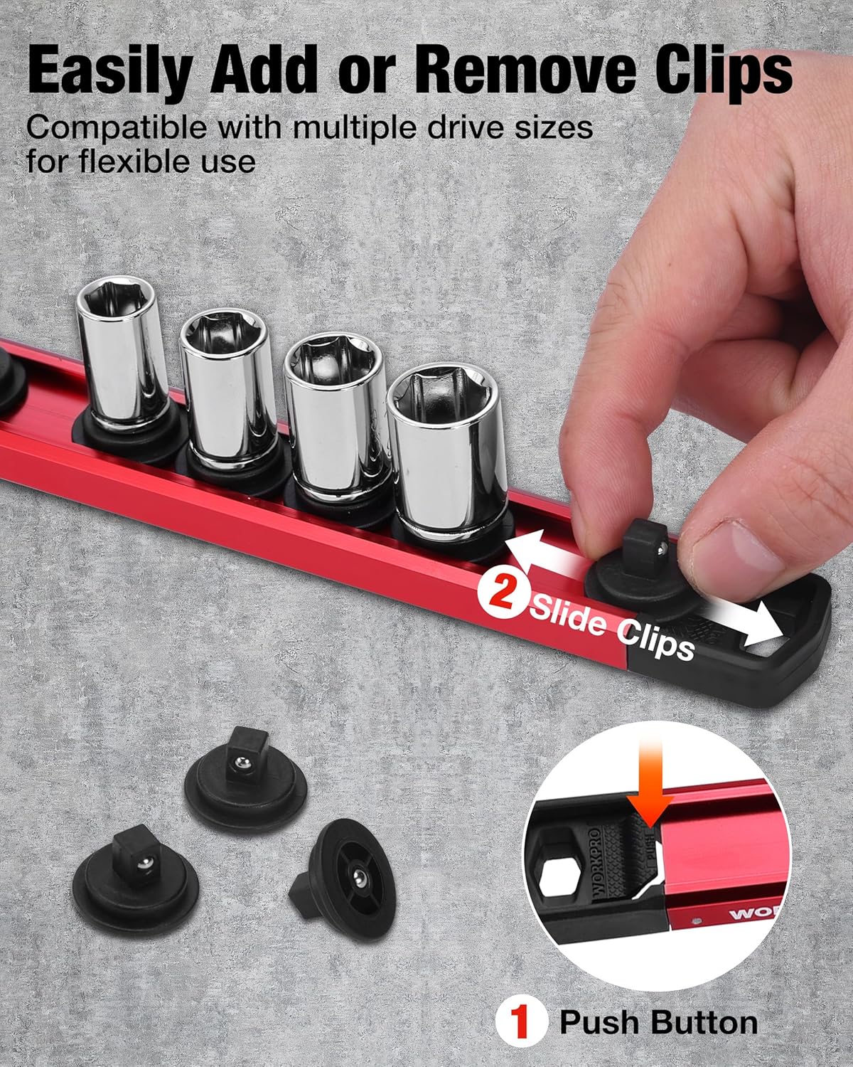 Red magnetic socket organizer rail with black push-button removable socket clips