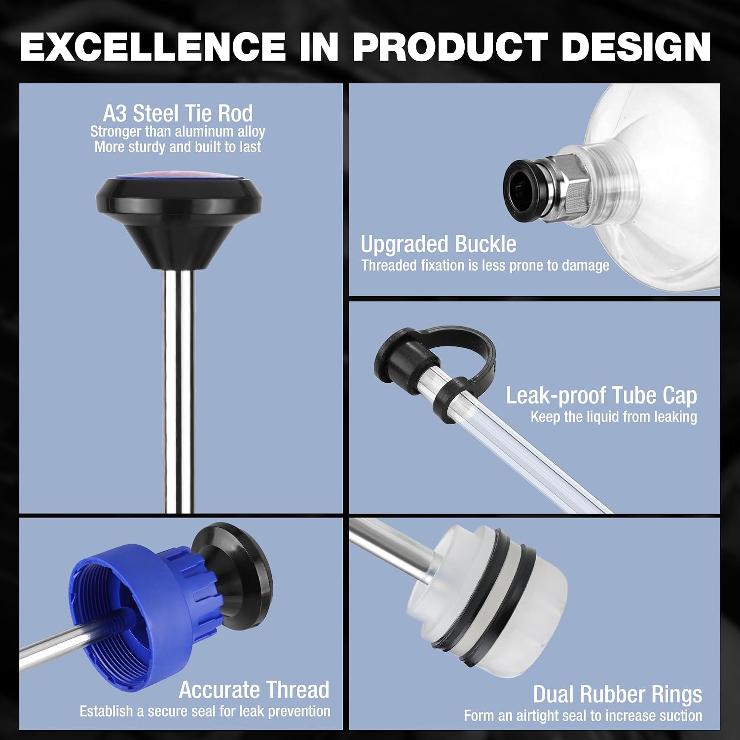 Manual fluid extractor syringe with steel tie rod, upgraded buckle, and dual rubber rings