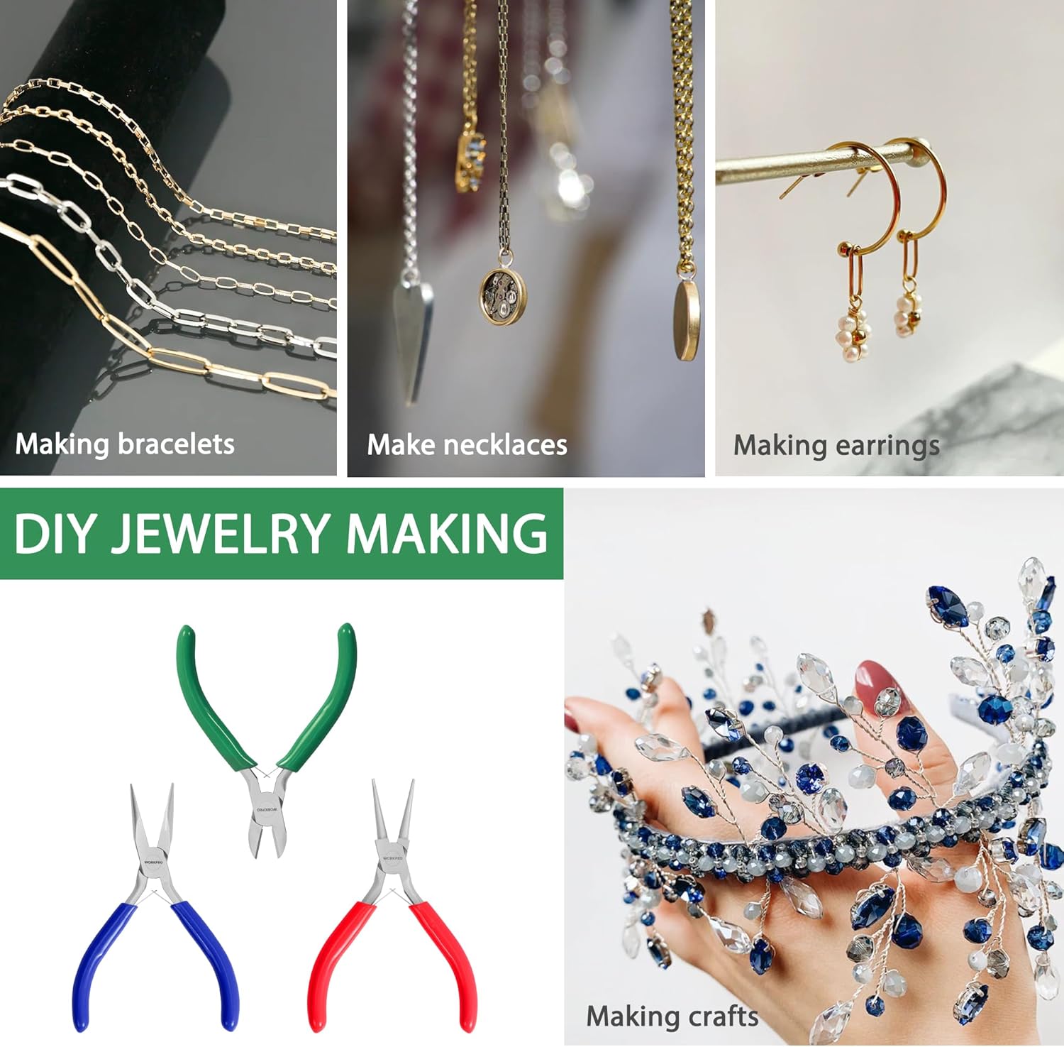 Jewelry pliers and DIY jewelry making tools shown alongside bracelets, necklaces, and earrings