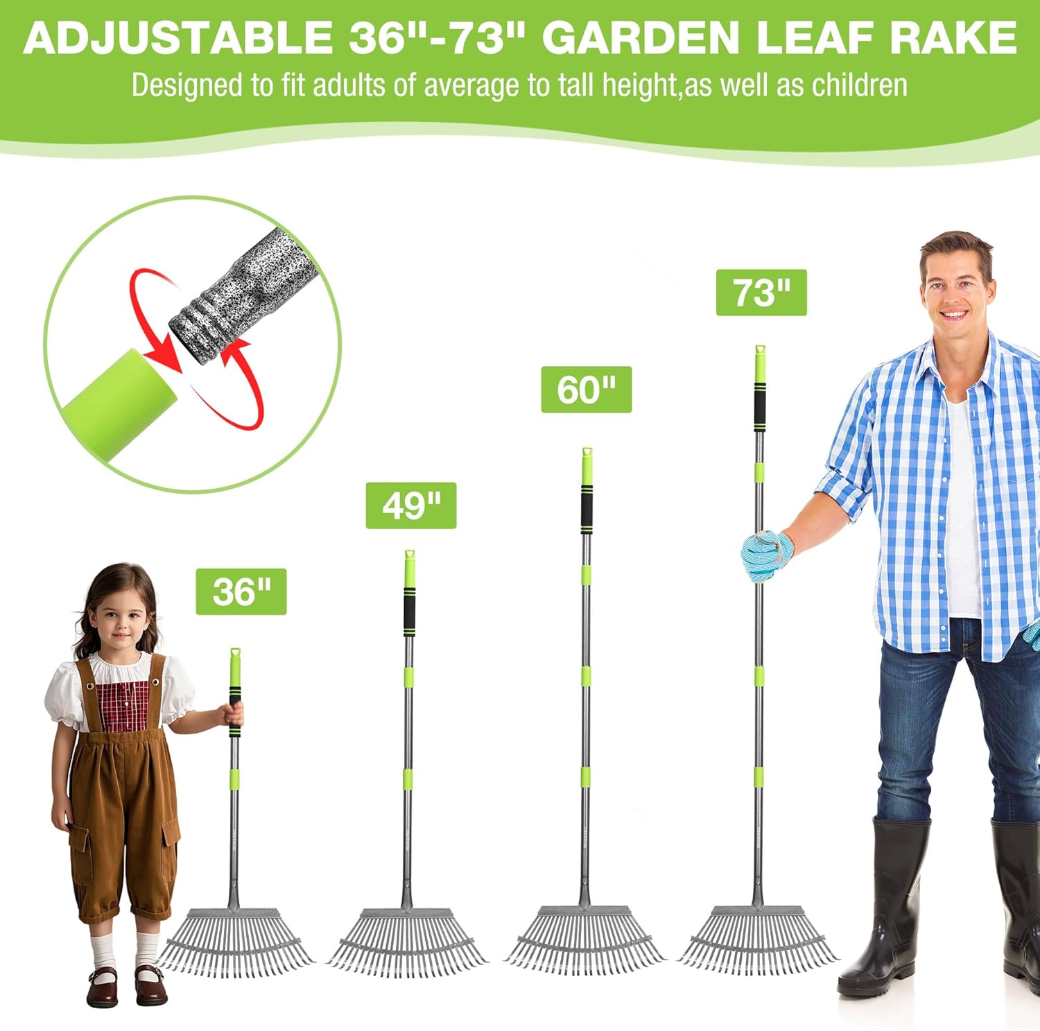 Adjustable small leaf rake with narrow metal head and 25 steel tines, green handle