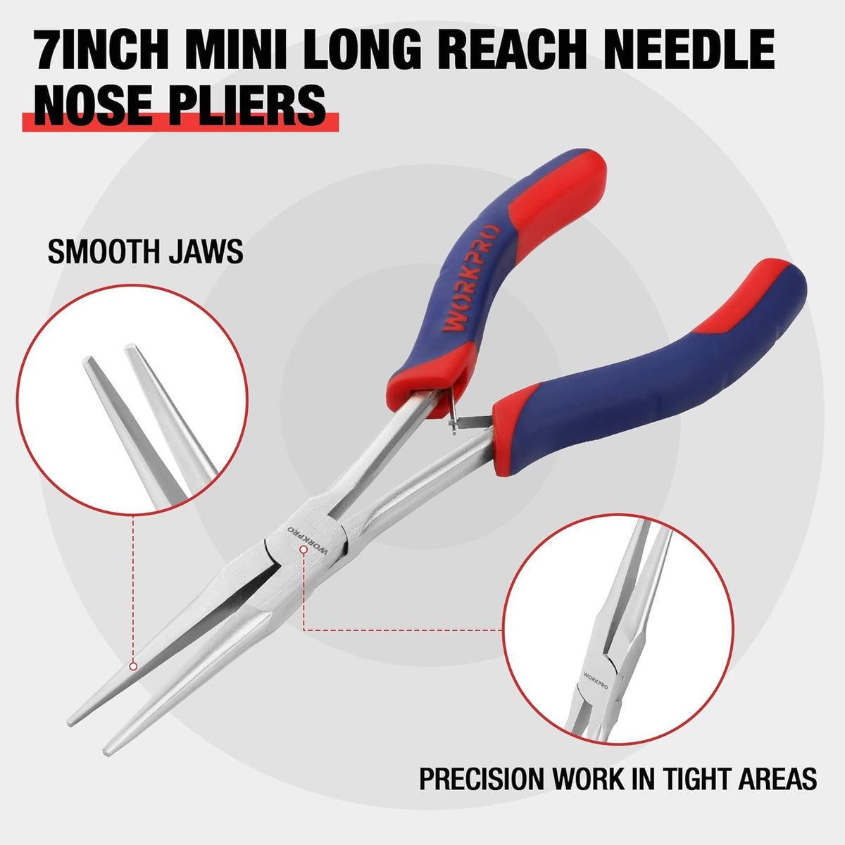 7-inch mini long-reach needle-nose pliers with smooth tips and red-blue handles