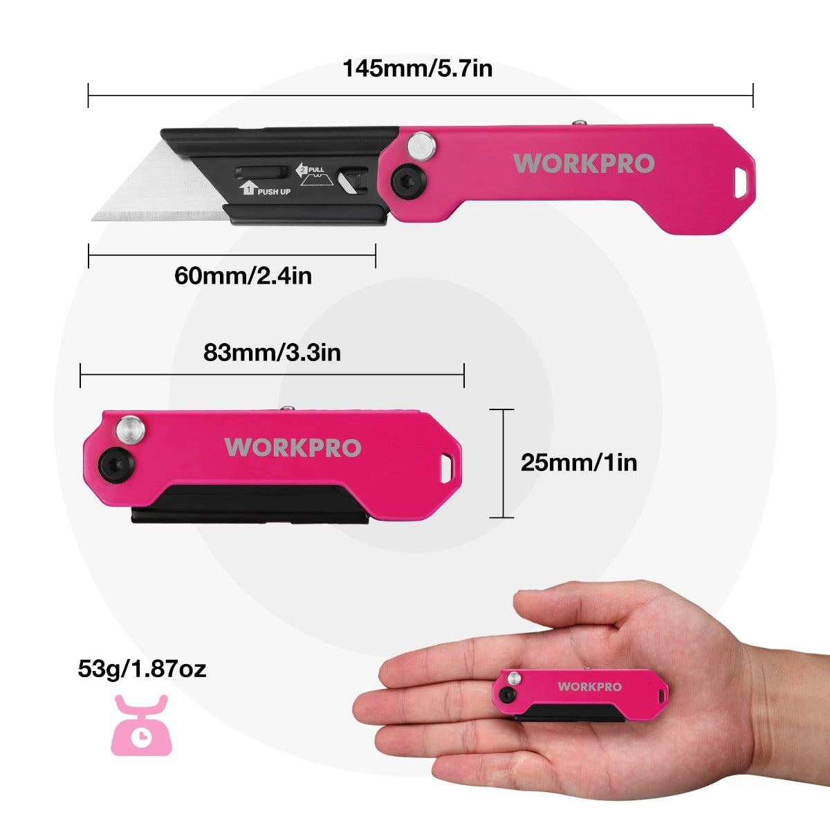 Pink folding utility knife with compact profile held in a hand