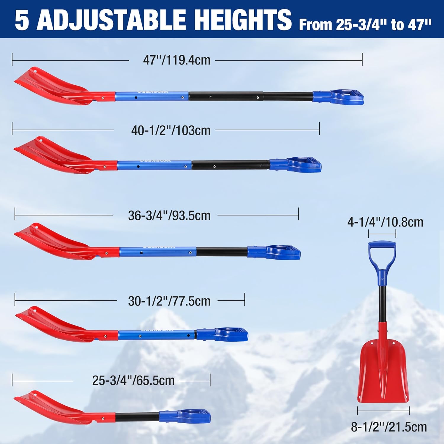 Adjustable snow shovel with red blade and blue handle, multiple length settings shown.