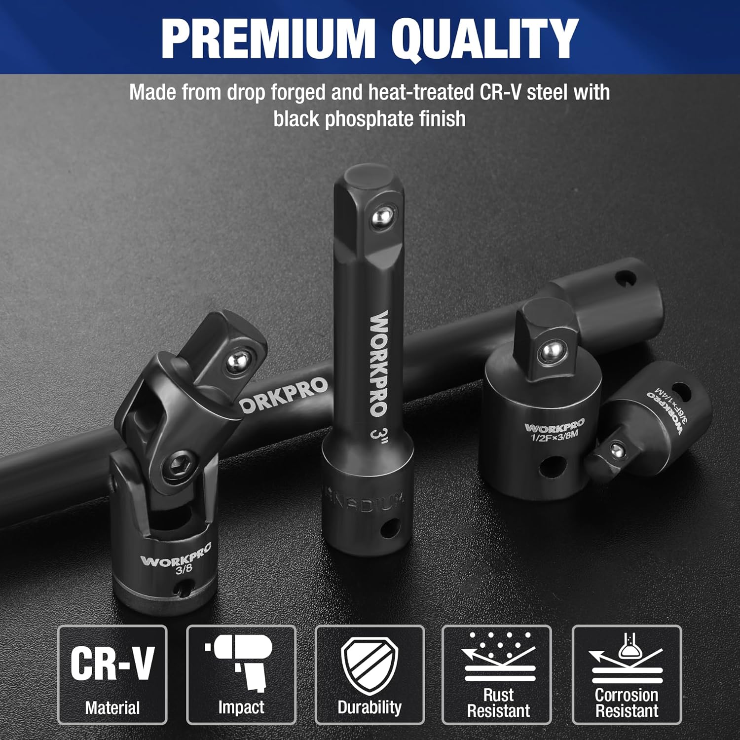 Black chrome vanadium steel impact universal joint and socket adapters with drive ends