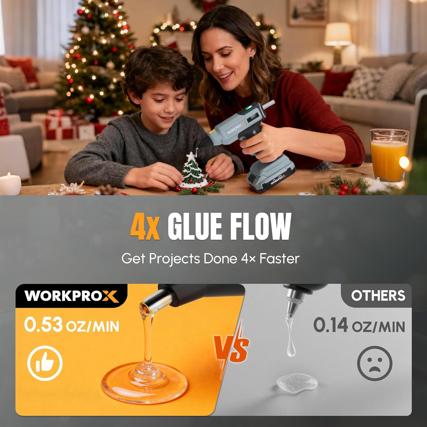 Cordless hot glue gun on craft table with glue stick flow illustration panels