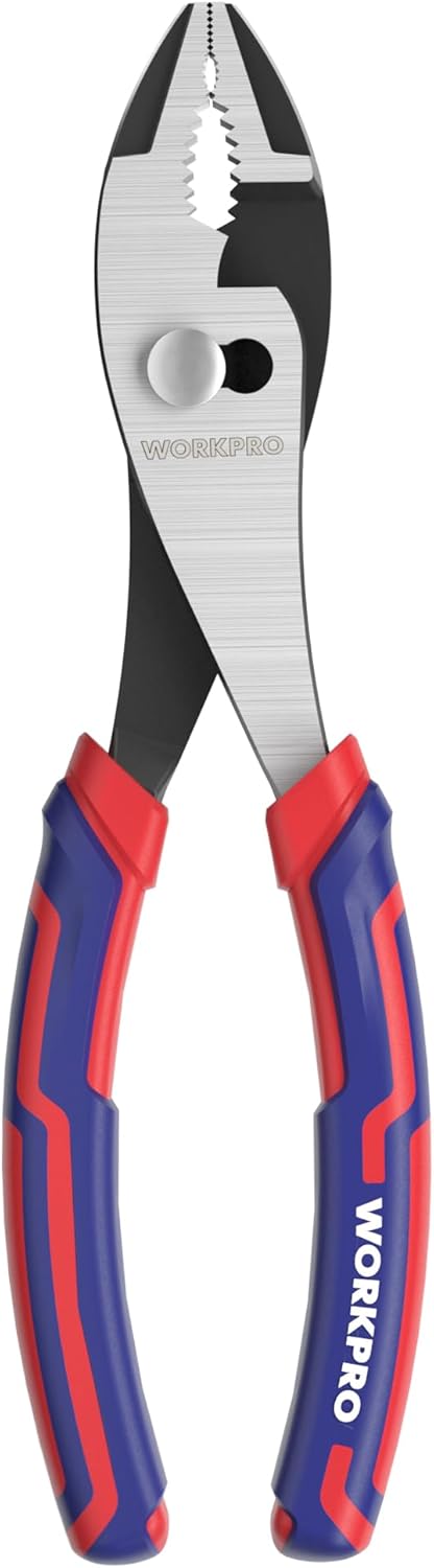 WORKPRO slip joint pliers open with serrated jaws and red-and-blue soft grip