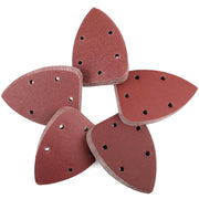Red triangular hook-and-loop sanding pads with 5-hole pattern, assorted abrasive sheets