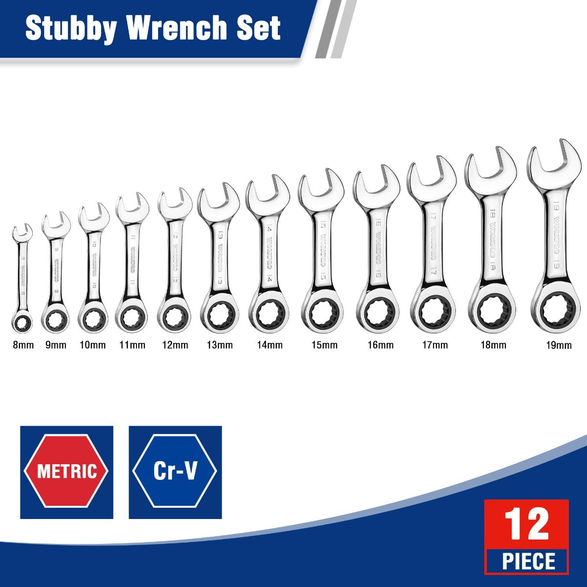 Stubby ratcheting wrenches, chrome finish, metric sizes displayed on a row