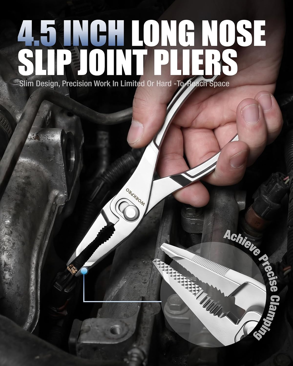 4.5-inch long nose slip joint pliers with slim tips and blue adjustment pivot