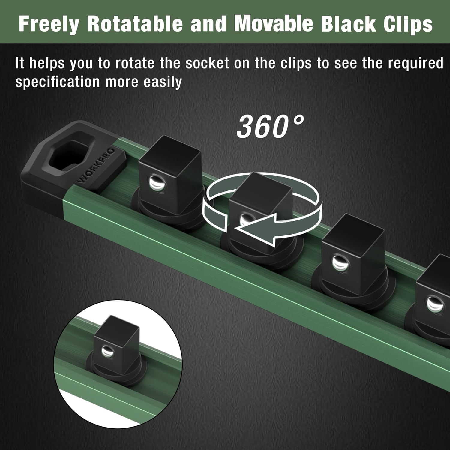 Green magnetic socket organizer rail with black rotating clips for 360° access