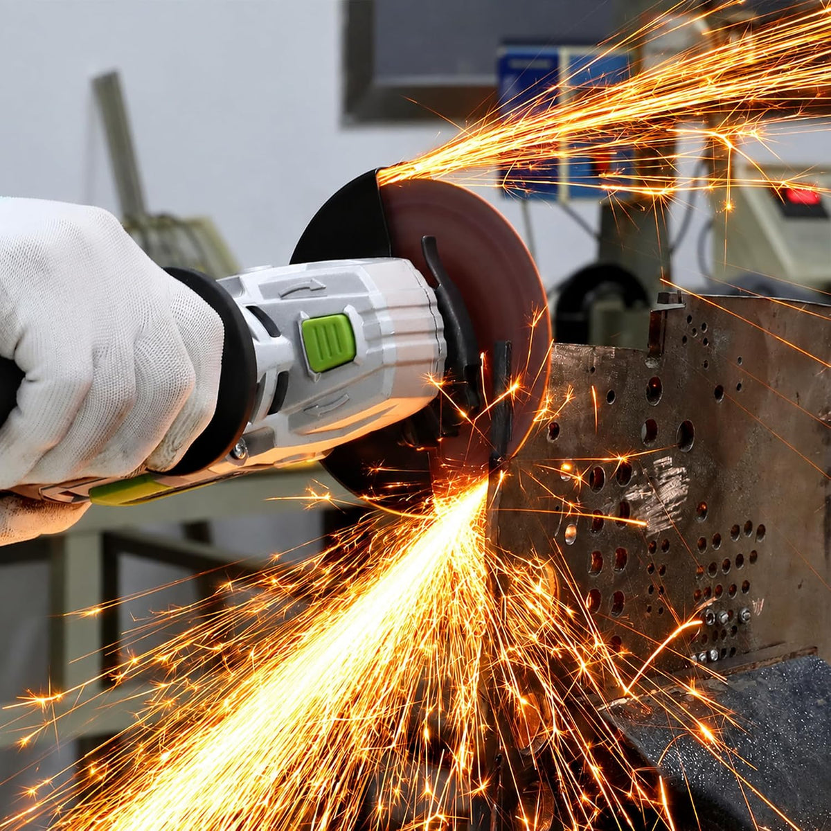 Workpro 50 pack 4-1/2 inch cutting wheels show a dark abrasive disc cutting steel with bright sparks and fiberglass mesh.
