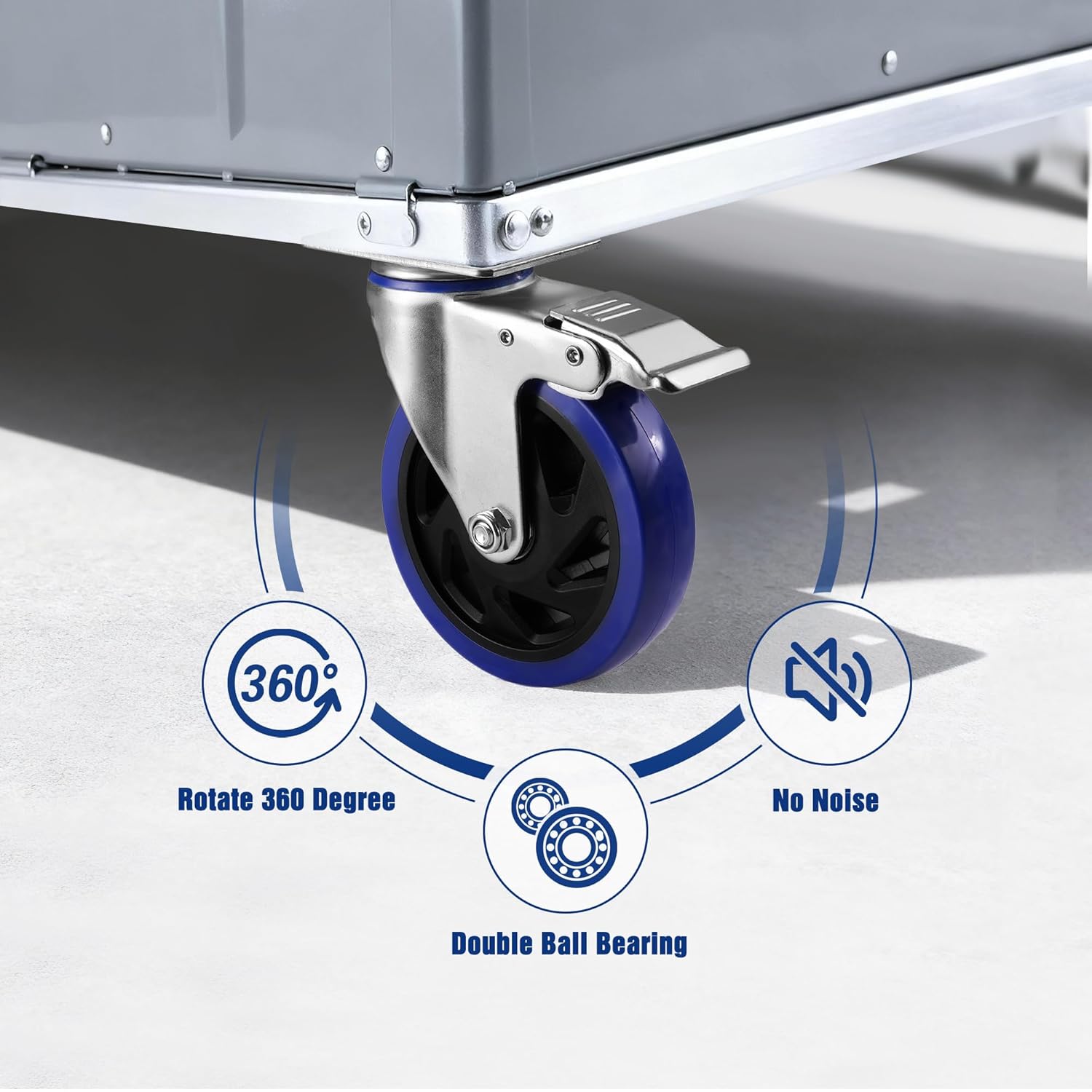 Swivel caster with blue wheel and black hub mounted under a metal cart frame