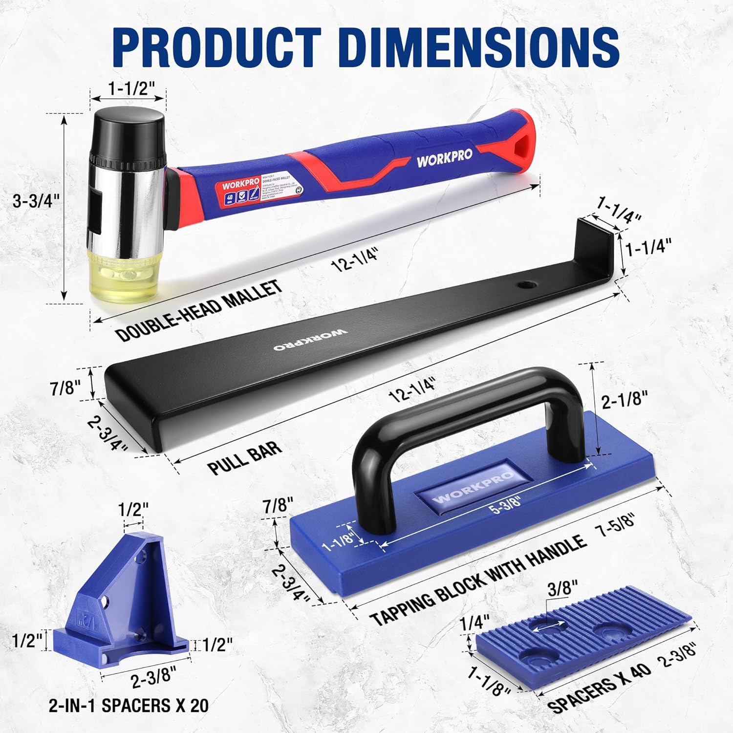 Laminate flooring kit tools, including double-head mallet, pull bar, tapping block, and spacers
