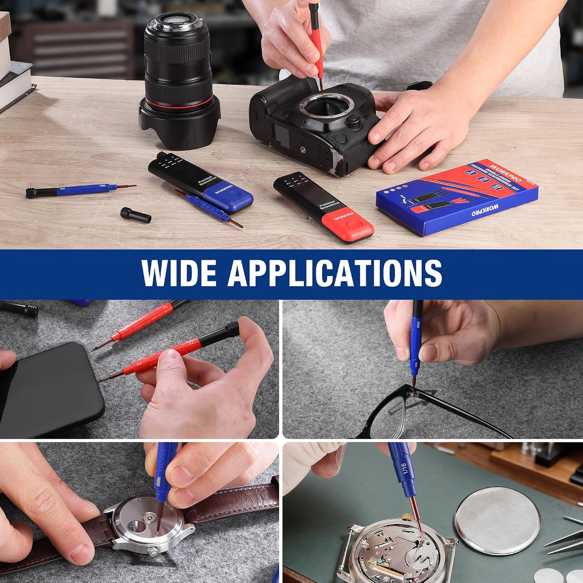 Precision screwdriver set with blue and red handles used for electronics and watch repairs