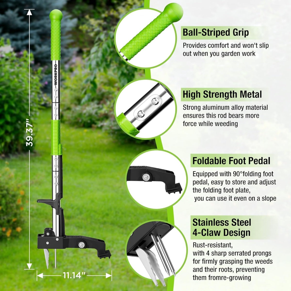 Stand-up root weed remover tool with green ergonomic handle and 4-claw steel head